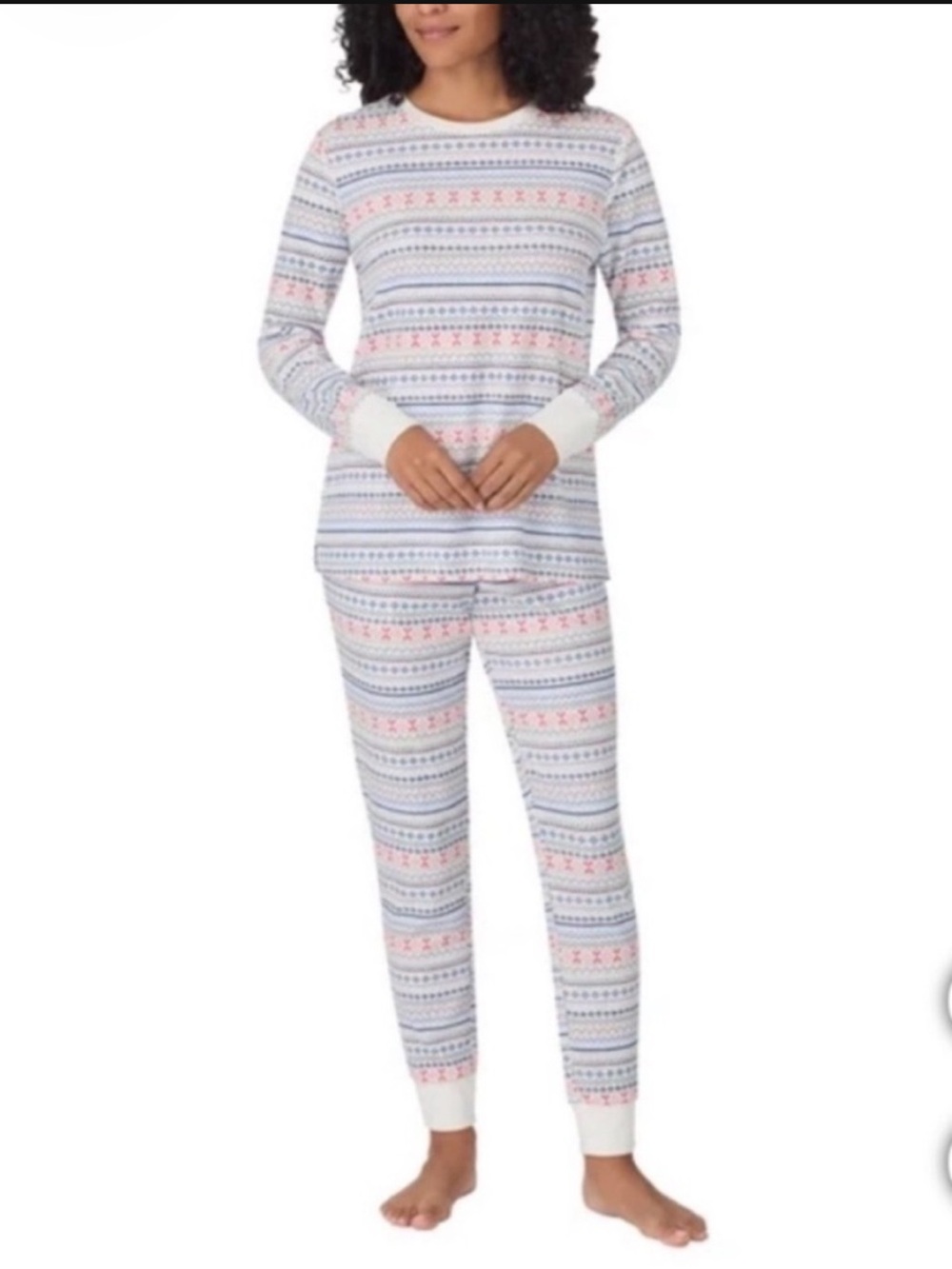 Midnight by Carole Hochman Blue, White Pink Print Waffle Pajama Set Large
